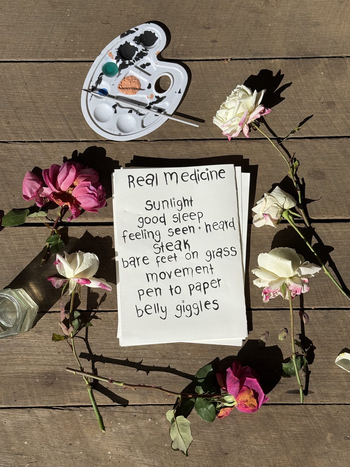 Real medicine — flowers, paint palette and handwritten notes